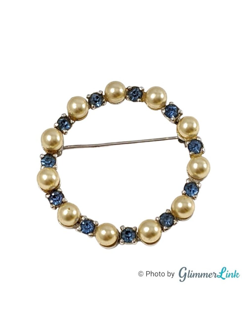 Vintage 1950s Pennino Faux Pearl Blue Rhinestone Wreath Brooch